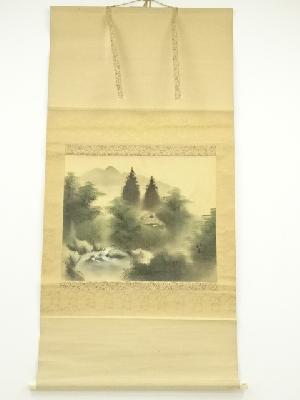 山素筆　彩色山水　肉筆絹本掛軸